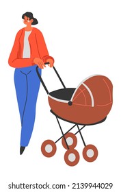 Mother and newborn baby on walk, strolling woman and kid in perambulator. Woman with infant asleep, buggy with toddler. Leisure and rest, entertainment and relaxation outside. Vector in flat