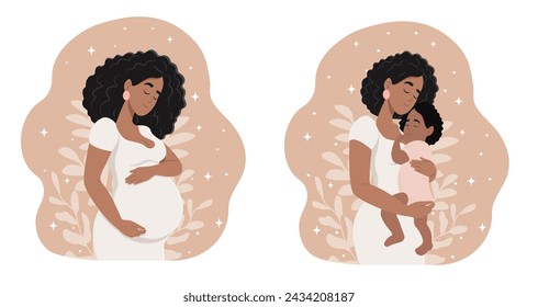 Mother with a newborn baby. Pregnant black woman with a belly. Pregnancy and motherhood. Flat vector illustration.