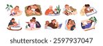 Mother and newborn baby, set. Child care, motherhood, maternity concept. Mom and kid life, feeding, bathing and playing. Family with infant. Flat vector illustrations isolated on white background