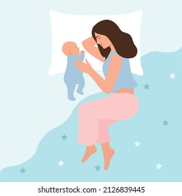 Mother and newborn baby sleeping together,mommy and infant lying in bed.Concept  of breastfeeding, care and relaxation. Mothers day and parenting. Vector illustration 