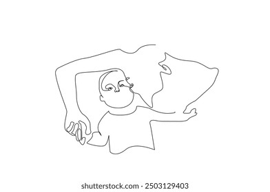 mother newborn baby together comfort head hug overhead life one line art design vector