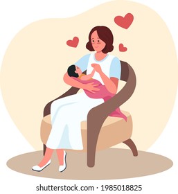 La madre y el recién nacido en la silla 2D vector ilustración aislada. Padre con bebé. Mamá feliz con un bebé en los brazos, personajes llanos en el fondo de las caricaturas. Lugar colorido para la maternidad y el cuidado del niño