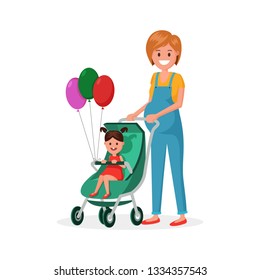 Mother with newborn daughter in baby toddler flat style vector illustration isolated on white background