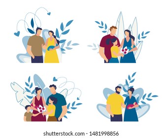 Mother with Newborn Discharge from Maternity Clinic Set. Happy Family Celebrating Addition. Father with Children Congratulating Mom with Child Birth. Cartoon Floral Design. Vector Flat Illustration