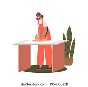 Mother with newborn kid on diaper table making massage to infant baby after washing. Mom or nurse caring of little child. Cartoon flat vector illustration