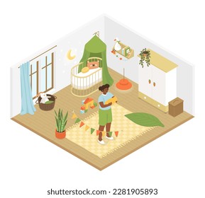 Mother and newborn in the nursery - modern vector isometric illustration. Happy family in cute decor created especially for the little ones. Cradle, wardrobe, toys and soft pillows. Love and care idea