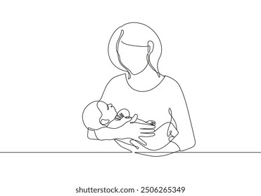 Mother and Newborn Sketch Line Art Vector Illustration. Happy Mom Hugs baby. Outline Motherhood and Newborn Minimalist Concept. Happy Mother Day Background with Black Silhouettes. 