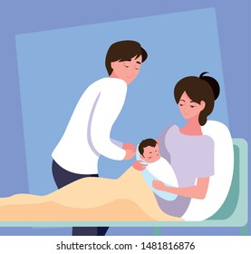 mother with newborn in stretcher and father observing