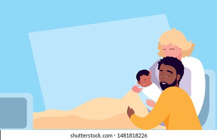 mother with newborn in stretcher and father observing