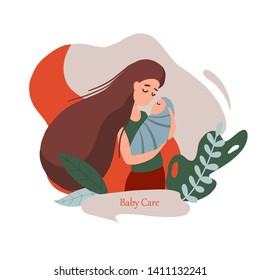 Mother with a newborn. Vector card in flat linear style. Baby care banner