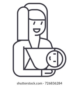 mother with newborn vector line icon, sign, illustration on background, editable strokes