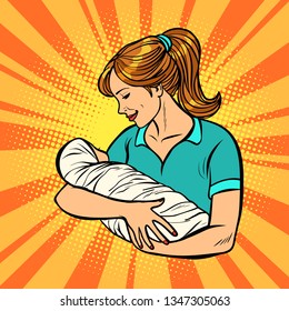 mother with newborn, woman and child. Comic cartoon pop art vector retro vintage drawing