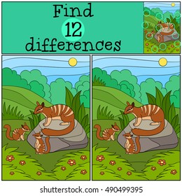 Mother numbat with her little cute babies. Educational game: Find differences.
