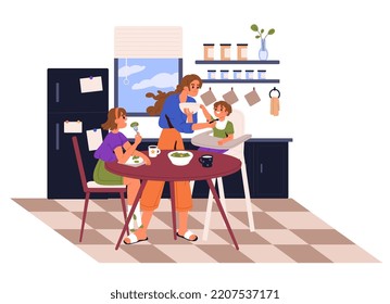 Madre, enfermera, niñera alimentando niños en la cocina. Cuidado de día, niñera. Mamá y niños comiendo. Ilustración vectorial plana.