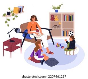 Mother, Nurse, Babysitting Reading A Boor To Children. Daycare, Babysitting. Family Activity. Mom And Kids. Flat Vector Illustration.