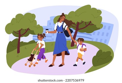 Madre, enfermera, niñera caminando con niños en la cocina. Cuidado de día, niñera. Mamá y niños paseando por el parque. Ilustración vectorial plana.