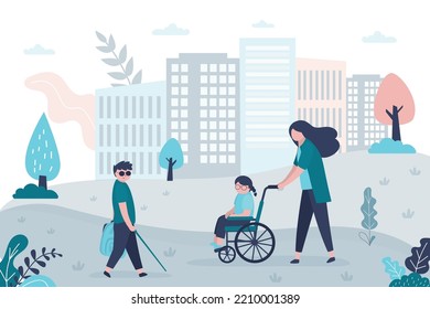 Mother Or Nurse Rolls Cute Child Sits In Wheelchair. Recovery, Rehab, Disabled Baby On Walking. Healthcare, Mother Support For Daughter With Health Problems. Blind Boy Comes Home From School. Vector