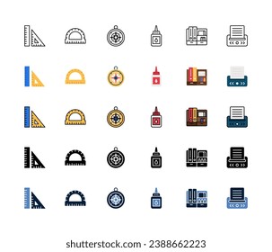 Mother Office Material icon set, Set of work tools, ruler, protractor, compass, liquid glue, desk organizer, label marker, icons