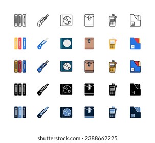 Mother Office Material icon set, Set of work tools, file and folder, paper cutter, compact disk, envelopes, label marker, folder devider, icons