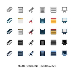 Mother Office Material icon set, Set of work tools, paper clip, memo pads, scissors, calculator, index card, whiteboard, blackboard, icons