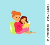 Mother or older sister in pink night-suit reading her daughter the bedtime story in bed. Vector cartoon illustration. Family happy time reading books in bed and being together.