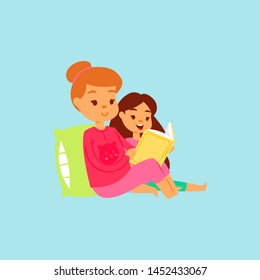 Mother Or Older Sister In Pink Night-suit Reading Her Daughter The Bedtime Story In Bed. Vector Cartoon Illustration. Family Happy Time Reading Books In Bed And Being Together.