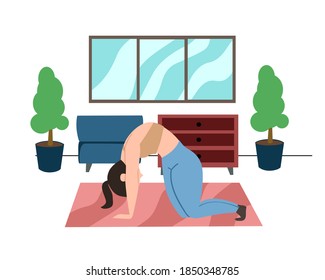 The Mother Is On All Fours, The Woman Is Doing Relaxing Back Exercises In The Living Room, Practicing Yoga. Calm Parent, Angry Cat. Plot Of A Vector Illustration