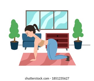 The mother is on all fours. A woman is doing relaxing back exercises in the living room. Calm parent practicing yoga, vector illustration