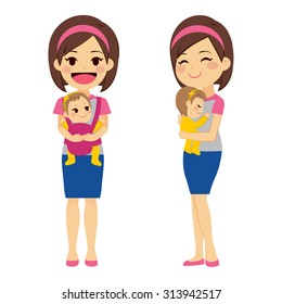 Mother on two different actions holding baby with baby carrier and with arms while baby is sleeping