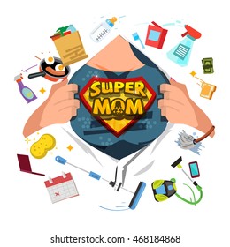 Mother Open Shirt To Show Super Mom Icon With Housework Objects In Comic Style - Vector Illustration