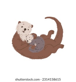 Mother otter hugging her little baby lying on her stomach, flat vector illustration isolated on white background. Cute sea otters animals in the wild.