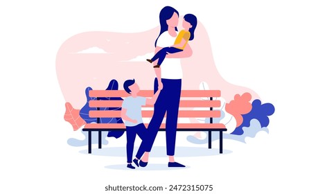 Mother outdoors with children - Mom parent carrying kids in park, spending time and having leisure time of with family. Flat design vector illustration with white background