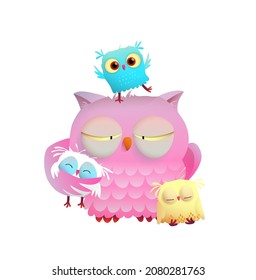 Mother owl with naughty kids, tired and sleeping. Funny owl birds family, mom with children sleeping and playing. Vector humorous illustration in watercolor style.