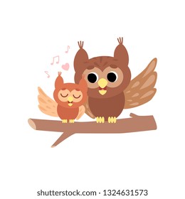 Mother Owl with Its Owlet, Cute Forest Birds Family Vector Illustration on White Background. Vector Illustration