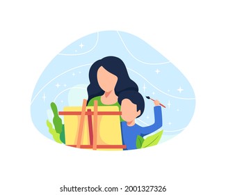 Mother painting with her son. Parents draw picture with their son, Creative hobby for children. Vector illustration in a flat style