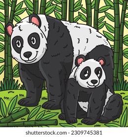 Mother Panda and Baby Panda Colored Cartoon