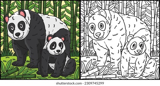 Mother Panda and Baby Panda Coloring Illustration