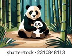 Mother Panda and her baby Panda snuggle in the bamboo forest