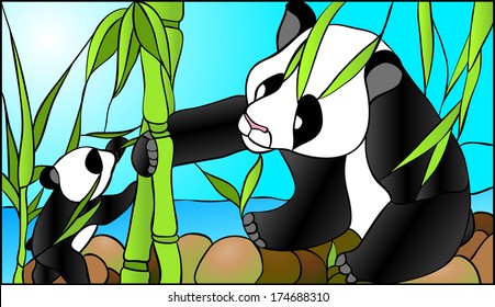 Mother panda and her baby / stained glass window