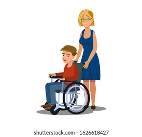 Mother Parent Taking Care Of Her Disabled Children Kid Girl Boy In A Wheelchair Flat Design Vector Illustration.