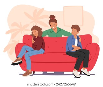 Mother With Patience And Calm, Mediates Between Squabbling Siblings, Guiding Them Through Apologies And Understanding, Fostering Peace And Empathy In Their Hearts. Cartoon People Vector Illustration