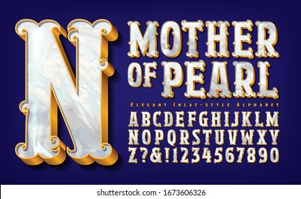 Mother Of Pearl Effect Alphabet. This Font Has Exotic, Elegant Ornate Gold Detailing With The Effect Of Pearly Inlays. Exudes Elegance And Old World Charm With A Vintage Circus Or Victorian Style.