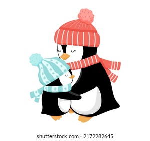 Mother Penguin in red hat hugs child in winter blue scarf. Vector illustration isolated on white background for greeting cards, baby posters