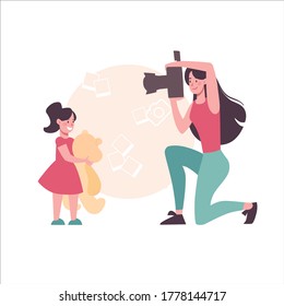 Mother photographs her little daughter with a teddy bear. A woman photographs a child on a camera with a flash. Cartoon characters young girl with a child. Vector, flat style, isolated