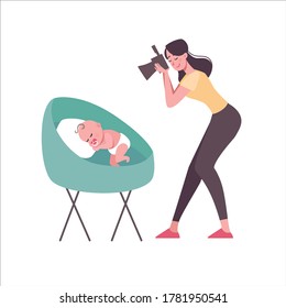 Una madre fotografía a un bebé recién nacido en la cuna. Una mujer toma fotos de su bebé durmiendo. Vector, de estilo plano, aislado. Personajes de caricatura de una joven con un niño, foto