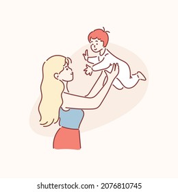 Mother picks up toddler boy on arms laughing up. Concept of motherhood. Vector Illustration in cartoon style