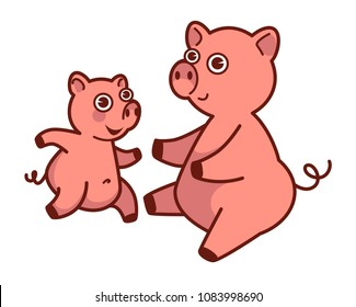 Mother pig about to hug her baby that runs