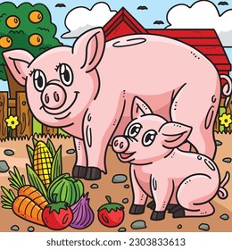 Mother Pig and Piglet Colored Cartoon Illustration