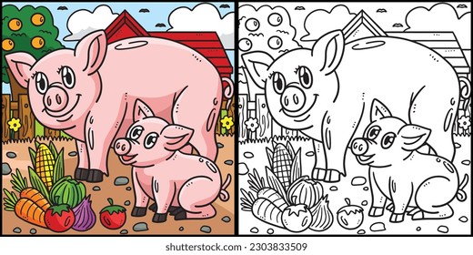 Mother Pig and Piglet Coloring Page Illustration