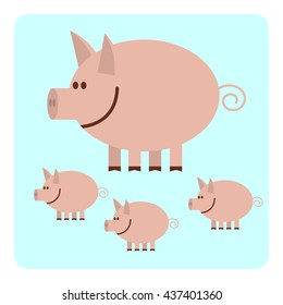 Mother pig with three little piggies.  Vector illustration.